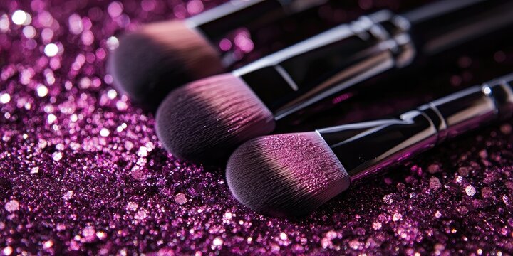Closeup of vibrant purple makeup brushes on a glittering purple background with sparkling sequins creating a glamorous beauty aesthetic