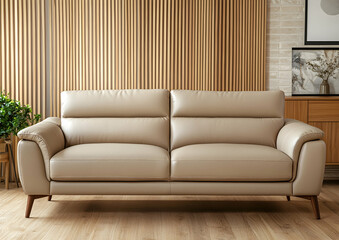 Beige leather sofa against an empty wall mockup in a living room interior with a wooden sideboard and plants on the right.