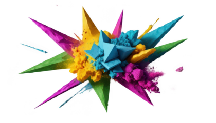 A scattered arrangement of shattered geometric shapes—triangles, rhombuses, and squares—exploding with vibrant Holi powders, with some pieces semi-transparent for an artistic, fragmented effect, isola