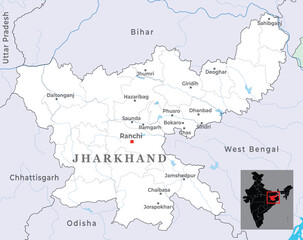Obraz premium Jharkhand district map with capital Ranchi, marked most important cities, state of India