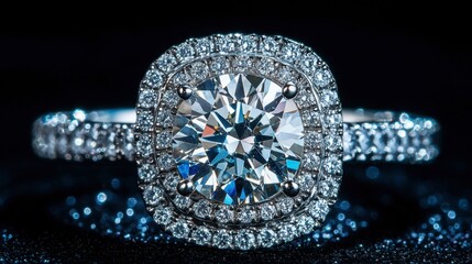 Fototapeta premium A luxury diamond ring with a delicate band and sparkling pav diamonds is set on a dark background, enhancing its refined charm.