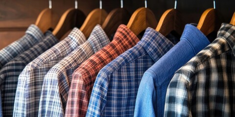 Neatly arranged plaid and checkered shirts in shades of blue, red, and grey on wooden hangers against a dark wooden background