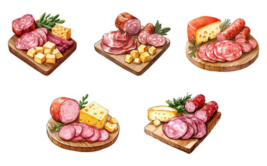 Watercolor set of wooden boards with sausage and cheese and greens. Cutting sausage, salami and hard cheese. Preparation for sandwiches, pizza, canapés, snacks, etc. Vector illustration.
