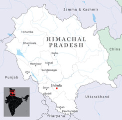 Obraz premium Himachal district map with capital Shimla, marked most importanct cities, state of India