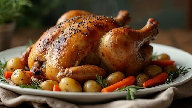 Pollo asado dorado con papas y zanahorias al horno
