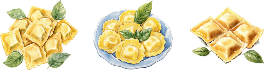 Watercolor set of ravioli png. Ravioli are depicted as freshly prepared with a relief egg texture of the dough. They are complemented by fresh green basil leaves. Italian forge watercolor.