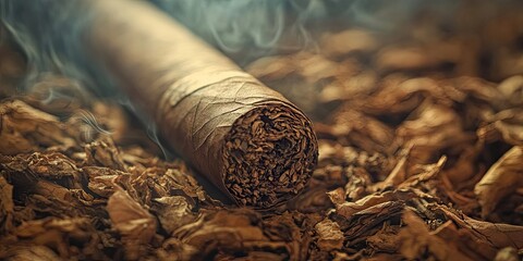 Closeup of a cigar resting on a warm pile of cut tobacco with rich brown hues and soft smoke rising in the background creating a vintage feel