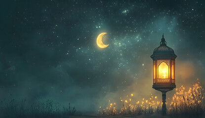Ramadan religious background with bright crescent, stars and mosque, Month of Ramadan is that in which was revealed Quran. Mixed media image.