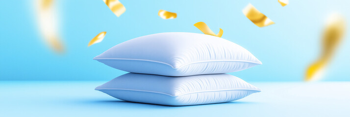 Obraz premium Two fluffy white pillows on a light blue background with falling gold confetti. Soft, dreamy feel.