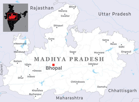 Madhya Pradesh district map with capital Bhopal, marked most important cities, state of India
