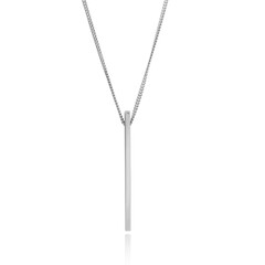 A silver necklace with a thin bar is displayed on a white background