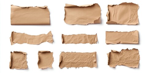 Torn brown paper fragments in various sizes arranged on a white background for creative use showcasing texture and versatility in design