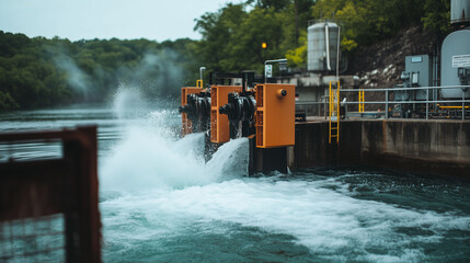 A close-up of water bursting through the sluice gates of a dam with mist rising dramatically.