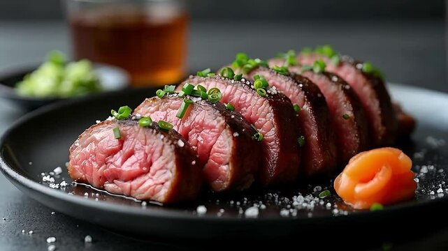 Filete de carne en t&eacute;rmino medio con ceboll&iacute;n y sal en plato negro