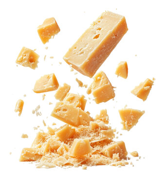 a block of delicious, mouth-watering cheese in flight among small pieces and cheese crumbles