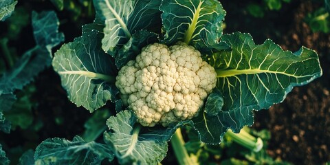 Mature cauliflower head in a home garden, white against green leaves, overhead view with earthy background and space for gardening text.