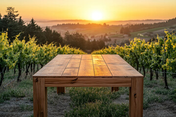 Naklejka premium Wooden table surrounded by lush grapevines, sunny vineyard setting.