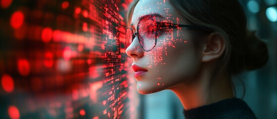 Woman's face with red digital data overlay.