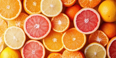 Vibrant close-up of assorted fresh citrus fruits including halved oranges lemons clementines and red grapefruit on a light textured background