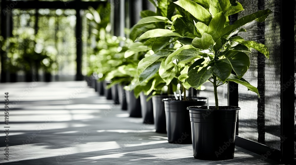 Poster elegant a row of shade loving saplings under a net canopy in a tree nursery with dappled sunlight fi