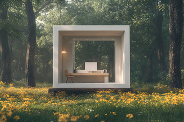 Serene outdoor workspace nestled in a lush forest clearing, bathed in soft sunlight. Minimalist design, perfect for remote work or creative inspiration.