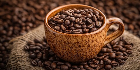 Fototapeta premium Rustic brown coffee mug overflowing with roasted coffee beans on burlap background with dark roasted beans scattered around in soft focus