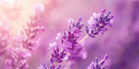 Obraz premium Blossoming purple lavender flowers in soft pastel hues with a dreamy blurred background creating a serene floral atmosphere