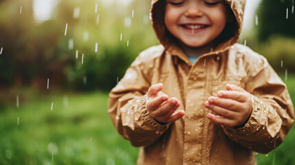 Smiling toddler wearing a hooded raincoat joyfully catching raindrops in small hands while playing in a lush green park, embracing the carefree spirit of childhood and nature