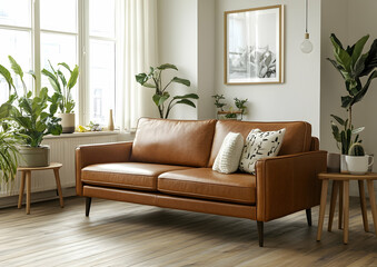 A simple living room with wooden flooring, white walls, and a light brown leather sofa.
