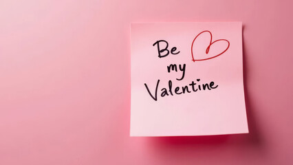 Be my valentine message on a sticky note on a pink background