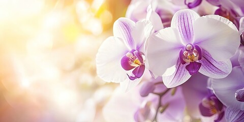 Close up of delicate white orchids with purple stripes illuminated by soft sunlight creating a romantic atmosphere with ample copy space