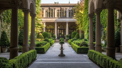 Obraz premium A modern garden space with elegant architectural elements, lush greenery, and a peaceful atmosphere amidst the urban hustle.