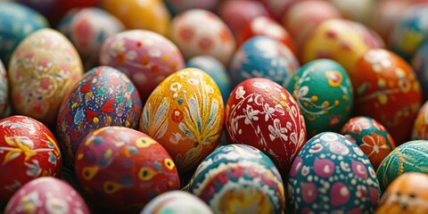 Colorful decorative Easter eggs in vibrant red, yellow, blue and green shades arranged closely with intricate floral and geometric designs.