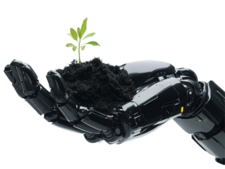 Isolated Black Robot Hand Holding Soil with Plant