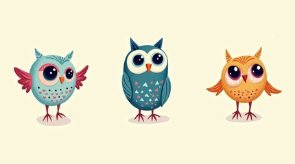 Fototapeta premium Charming owls in playful patterns whimsical background digital art colorful environment creative concept