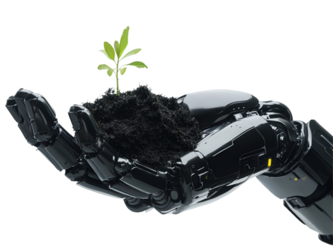 Isolated Black Robot Hand Holding Soil with Plant