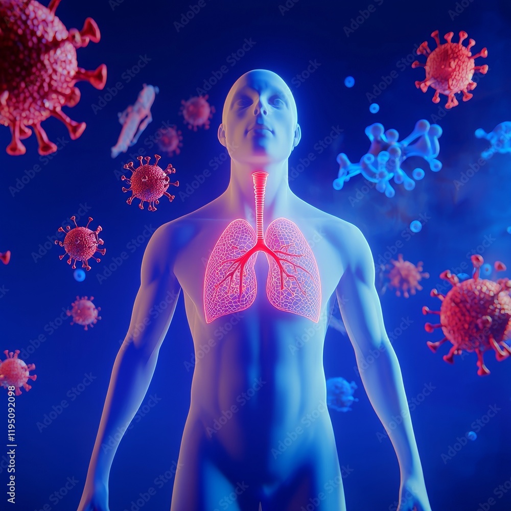 Aufkleber infection in the lung. modern 3d abstract visualization of a corona microbe on a lung background. re