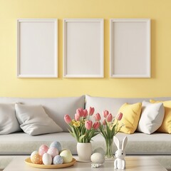 Bright and Joyful Easter Living Room with Pastel Decor and Blank Frames
