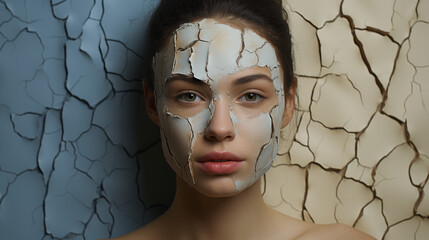 Girl with a cracked mask on her face, portrait, color photograph, dry skin concept, skin moisturizing cream, fantasy, icon, picture, image, background