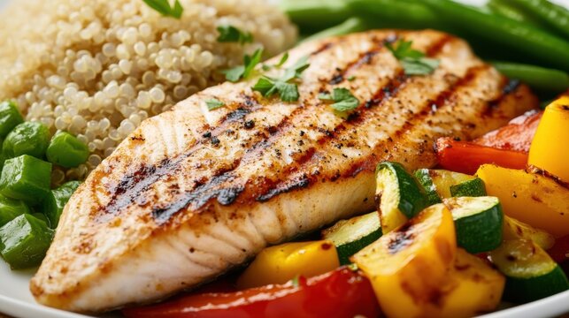 A close-up of a balanced pescatarian lunch, featuring grilled fish, vegetables