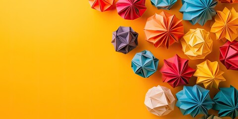 Vibrant handmade modular origami balls in red, yellow, blue, purple arranged artistically against a bright yellow backdrop highlighting geometry.