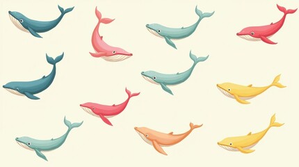 Obraz premium Whales in colorful patterns against a soft background underwater scene illustrative art playful environment bright viewpoint