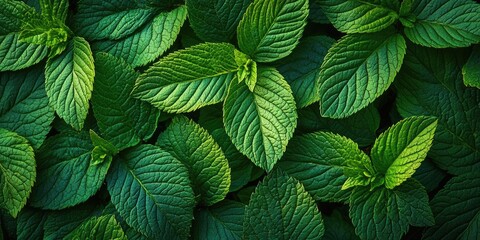 Closeup of vibrant green leaves densely arranged on a dark background showcasing natural texture and intricate patterns in natural light.