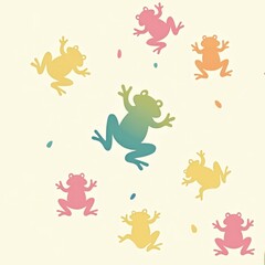 Colorful frogs leaping against a patterned background in a playful nature scene