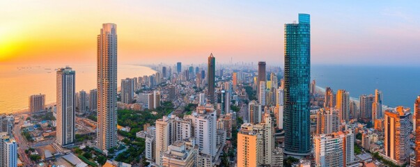 Stunning Coastal Cityscape at Sunset High Rise Buildings Ocean View Urban Panorama