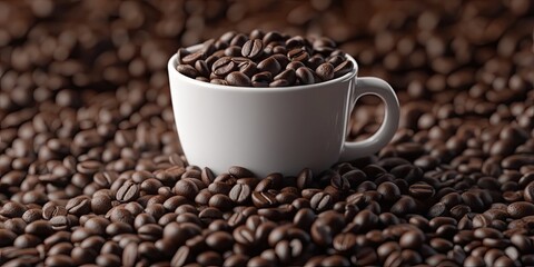 Fototapeta premium Coffee cup filled with coffee beans positioned centered atop a bed of rich brown coffee beans with scattered chocolate chips around the base