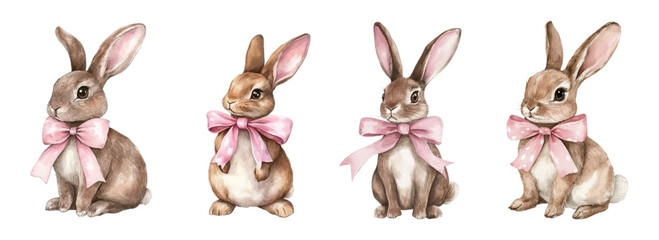 Set of cute watercolor brown hares png. Itly chocolate bunnies decorated with pink satin ribbon bow. Easter symbol. Vector illustration.