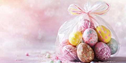 Colorful Easter chocolate eggs in a transparent bag with pastel pink and yellow hues positioned centrally against a soft light background.
