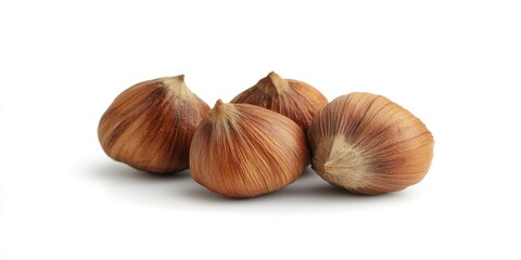 Group of four cobnuts with smooth, brown shells positioned closely together on a bright white background showcasing their natural texture and color.