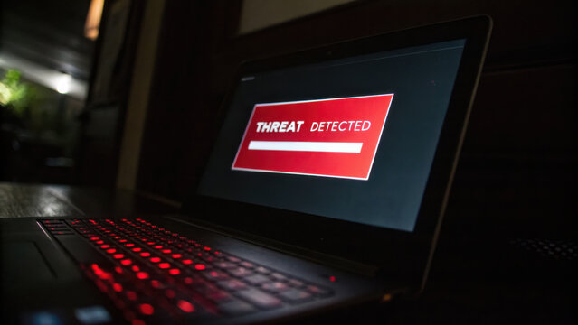 laptop screen displays red threat detected warning